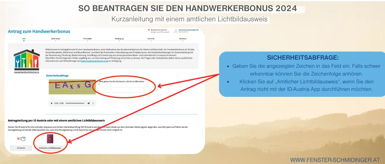 Handwerkerbonus Sicherheitsabfrage: Zeichen eingeben oder anhören. Amtlichen Lichtbildausweis klicken für Antrag ohne ID-Austria App.