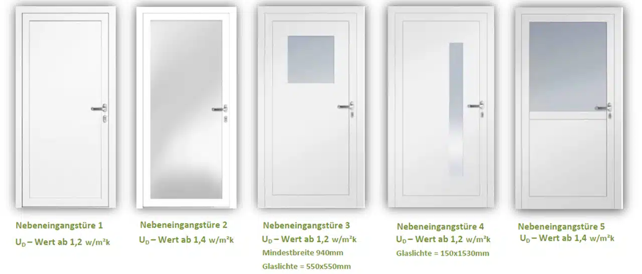 5 Aluminium-Nebeneingangstüren mit Paneelfüllung & Glaseinsätzen in verschiedenen Designs.
