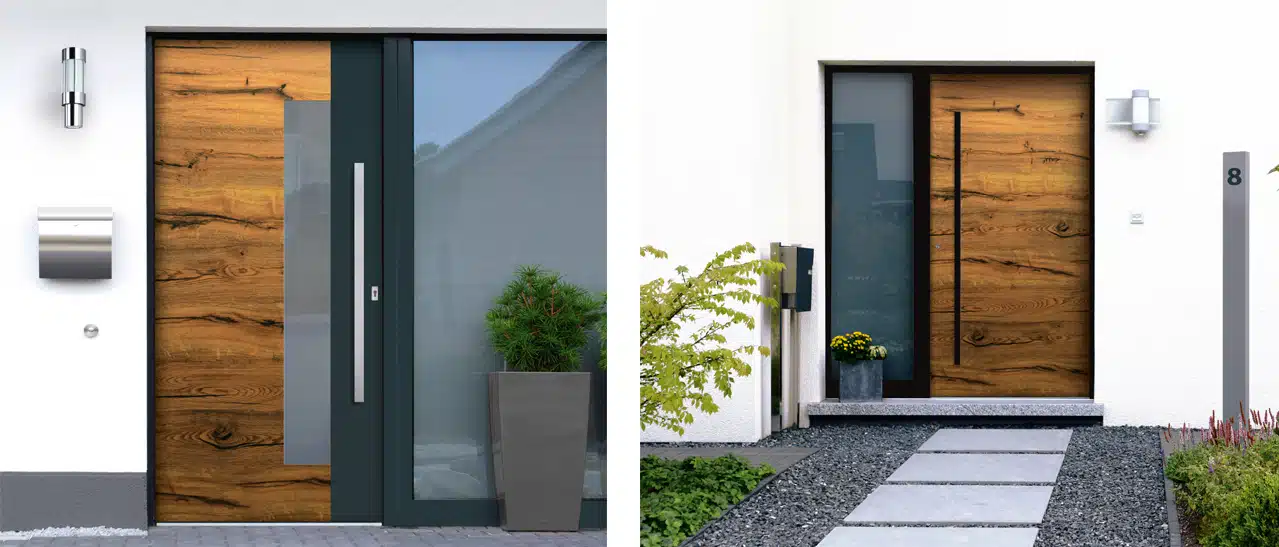 Zwei moderne Aluminium-Eingangstüren in Holzoptik mit Griffen, Glaselementen und Zubehör.