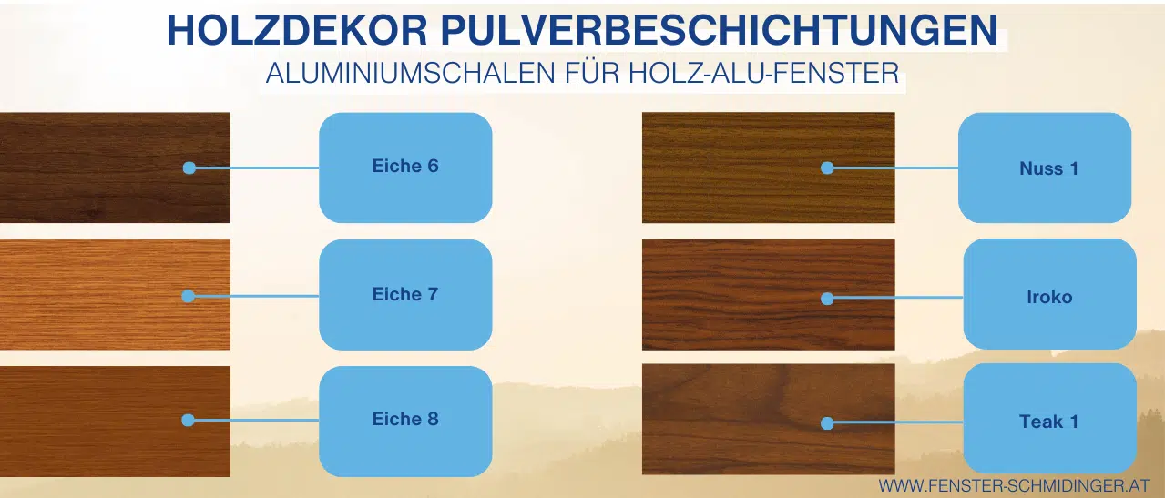 Holz Alu-Fenster Holzdekor Farben für die Aluschale - Muster