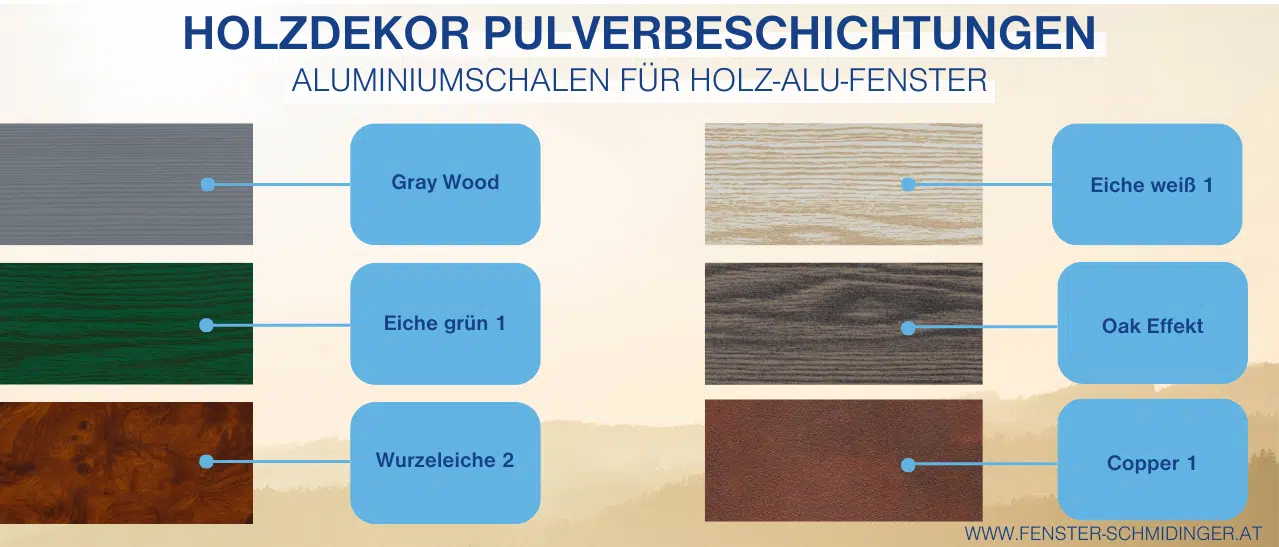Holz Alu-Fenster Holzdekor Farben für die Aluschale - Muster: Gray Wood, Eiche grün, Wurzeleiche 2, Eiche Weiß, Oak Effekt, Copper 1