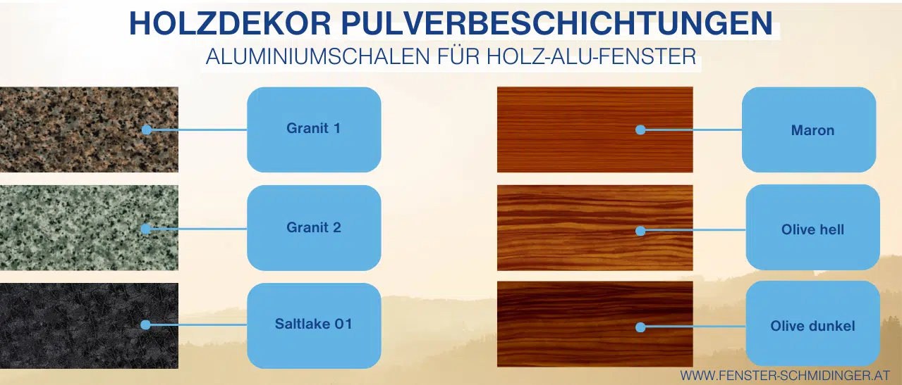 Holz Alu-Fenster Holzdekor Farben für die Aluschale - Muster: Granit 1, Granit 2, Saltlake 01, Maron, Olive hell, Olive dunkel