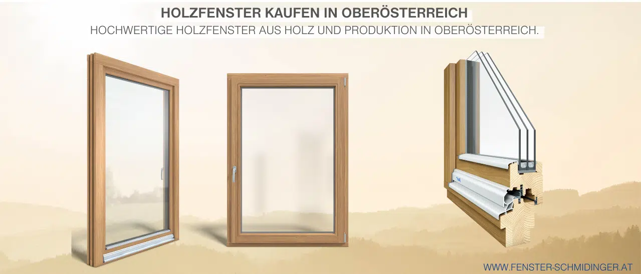 Infografik: Holzfenster kaufen in Oberösterreich – Vorteile: Klimaregulierung, Wärmedämmung, Regenschutz und natürliches Raumklima.