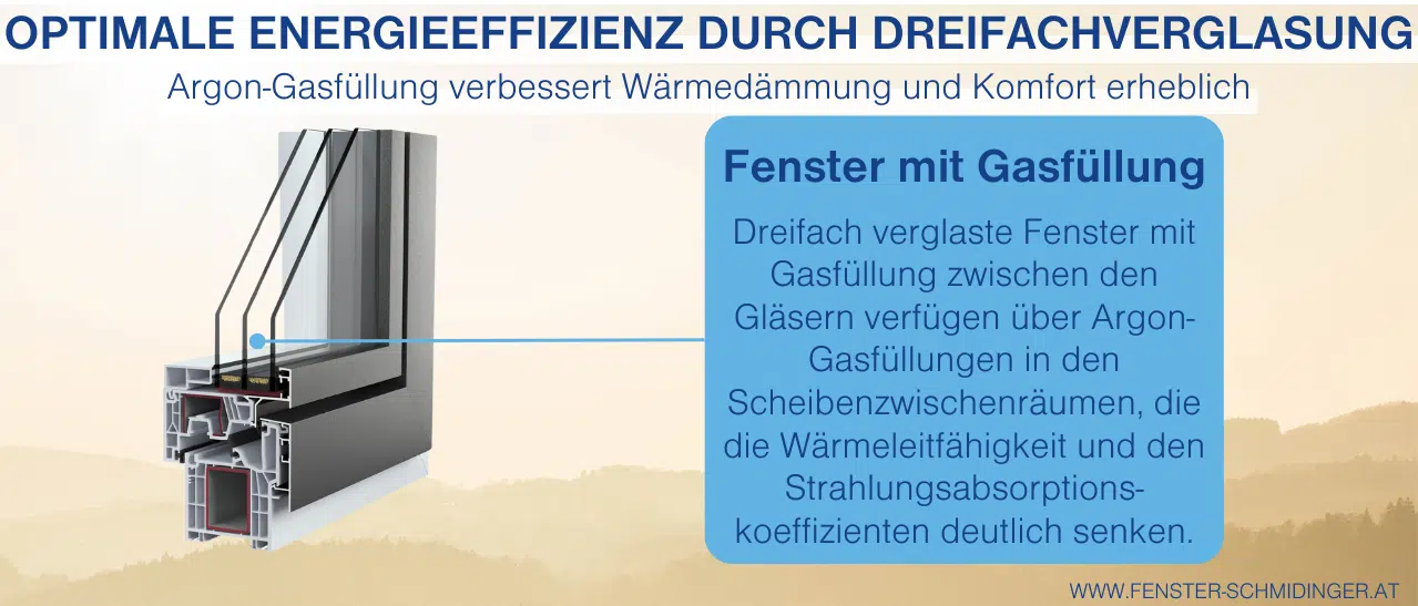 Infografik zeigt Fensterschnitt mit Fenster Gasfüllung aus Argon zur verbesserten Wärmedämmung