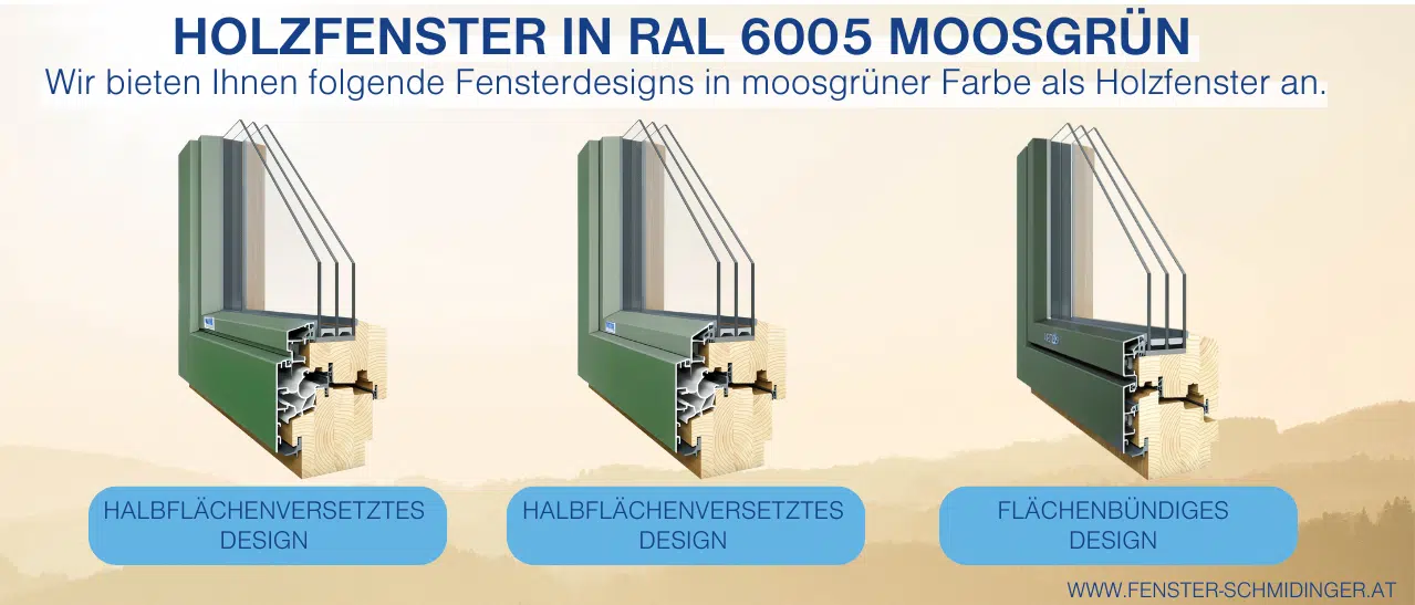 Infografik zu Holz-Alu-Fenstern, außen RAL 6005 Moosgrün, zeigt verschiedene Designoptionen.