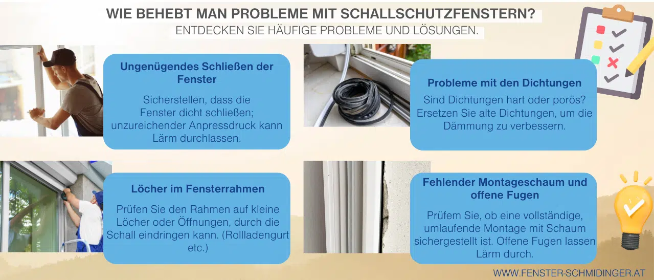 Infografik zu Schallschutzfenstern: Häufige Probleme und deren Lösungen.