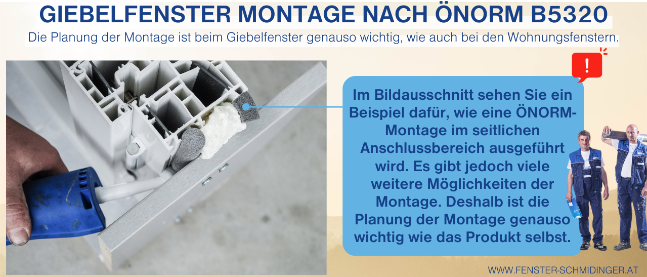 Infografik zur Montage des Giebelfensters nach ÖNORM B5320 mit Beispiel für seitlichen Anschlussbereich.