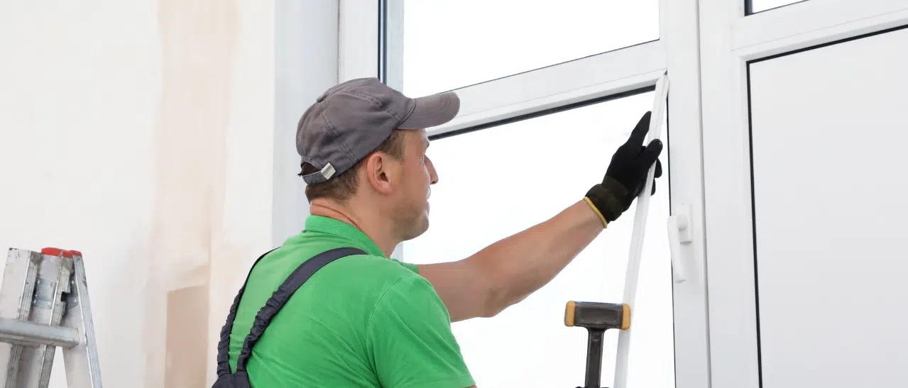 Fenster-Schmidinger Handwerker montiert neues Glas bei Kunststofffenster, prüft die Arbeit, um Heizkosten zu sparen.