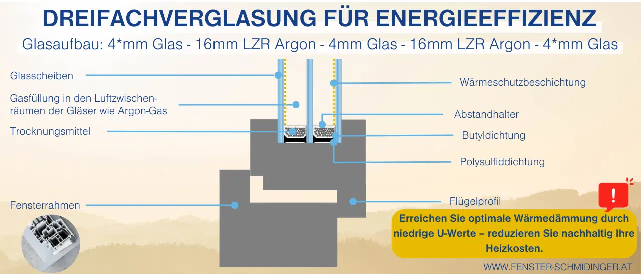 Schematische Darstellung einer Dreifachverglasung von Kunststofffenstern zur Energieeffizienzsteigerung.