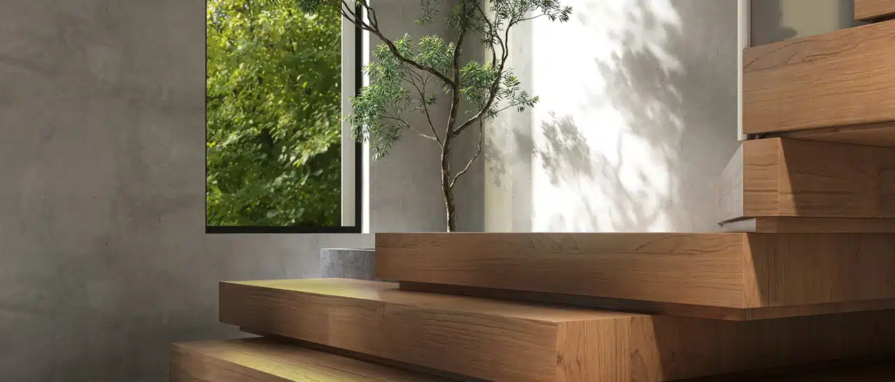 Minimalistisches Treppenhaus mit einem modernen großen Stiegenhausfenster mit klarem Glas und einer Holztreppe