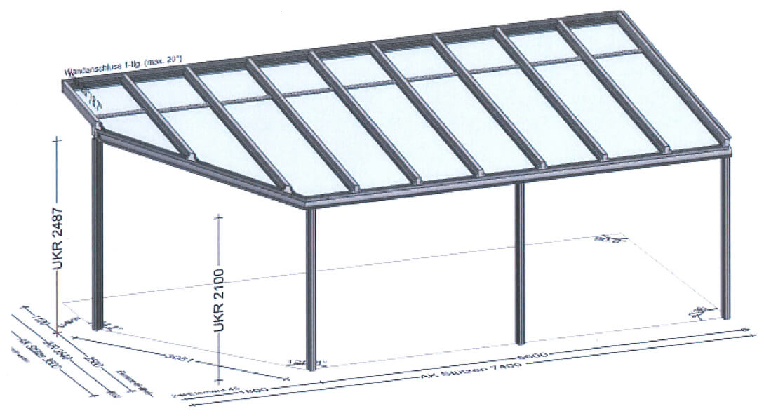 Terrassenüberdachung mit abgeschrägtem Eck