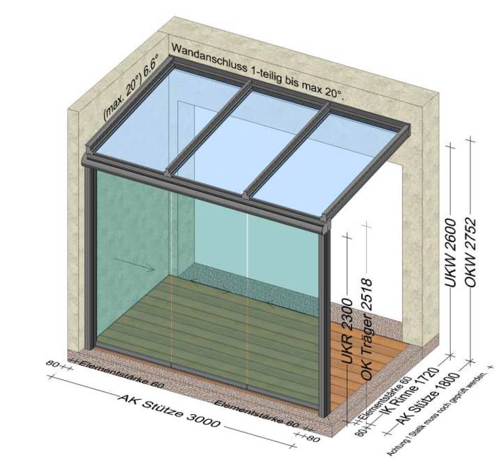 Terrassenüberdachung vorne geschlossen mit Schiebetüren - Planung