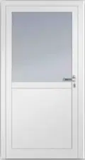 Aluminium-Nebentür mit Milchglas-Oberlicht und geschlossener unterer Füllung, ausgestattet mit Edelstahlgriff.
